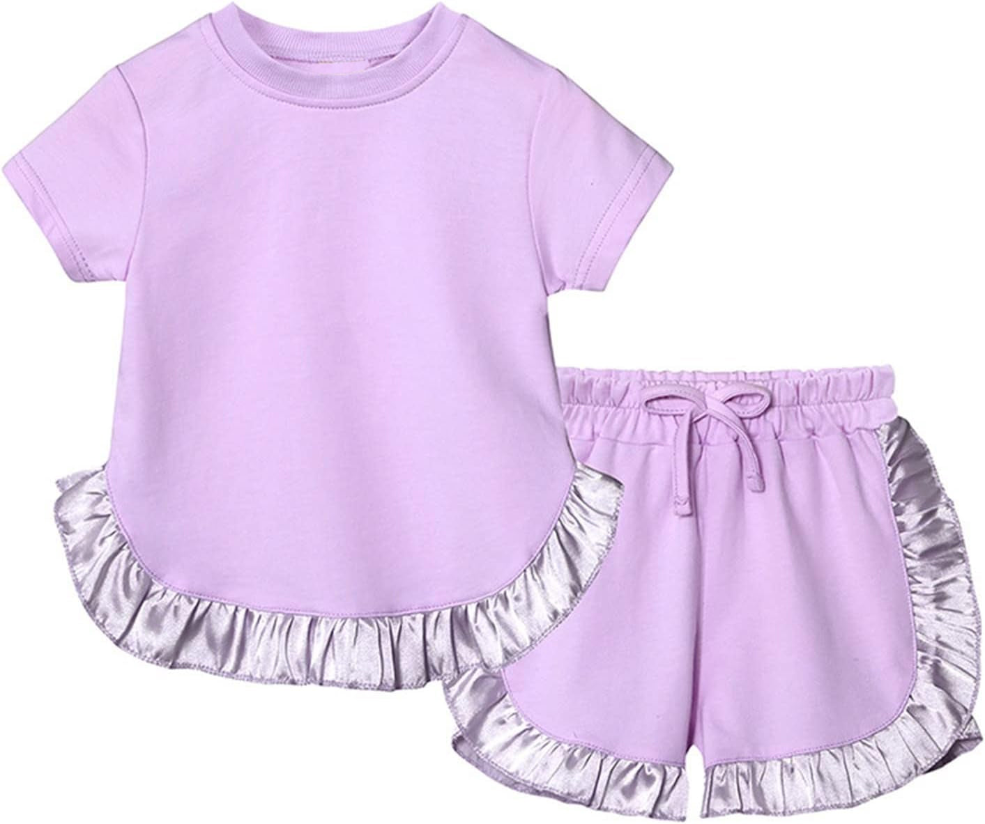 Baby Girl Short Sleeves Purple Cotton Shirt Ruffle Shorts Clothes Set RTS