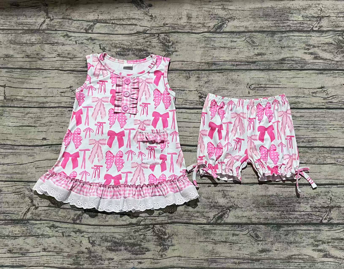 Baby Girl Sleeveless Pink Bows Tunic Shorts Clothes Set RTS