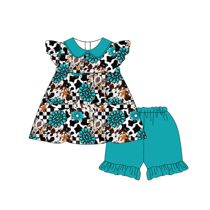 Preorder Baby Girl Infant Short Sleeves Western Turquoise Tunic Shorts Set( Moq 5 )
