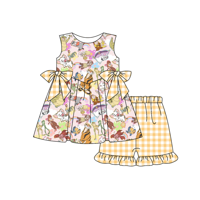 Baby Girl Cartoon Animals Tunic Ruffle Checked Shorts Clothes Set RTS
