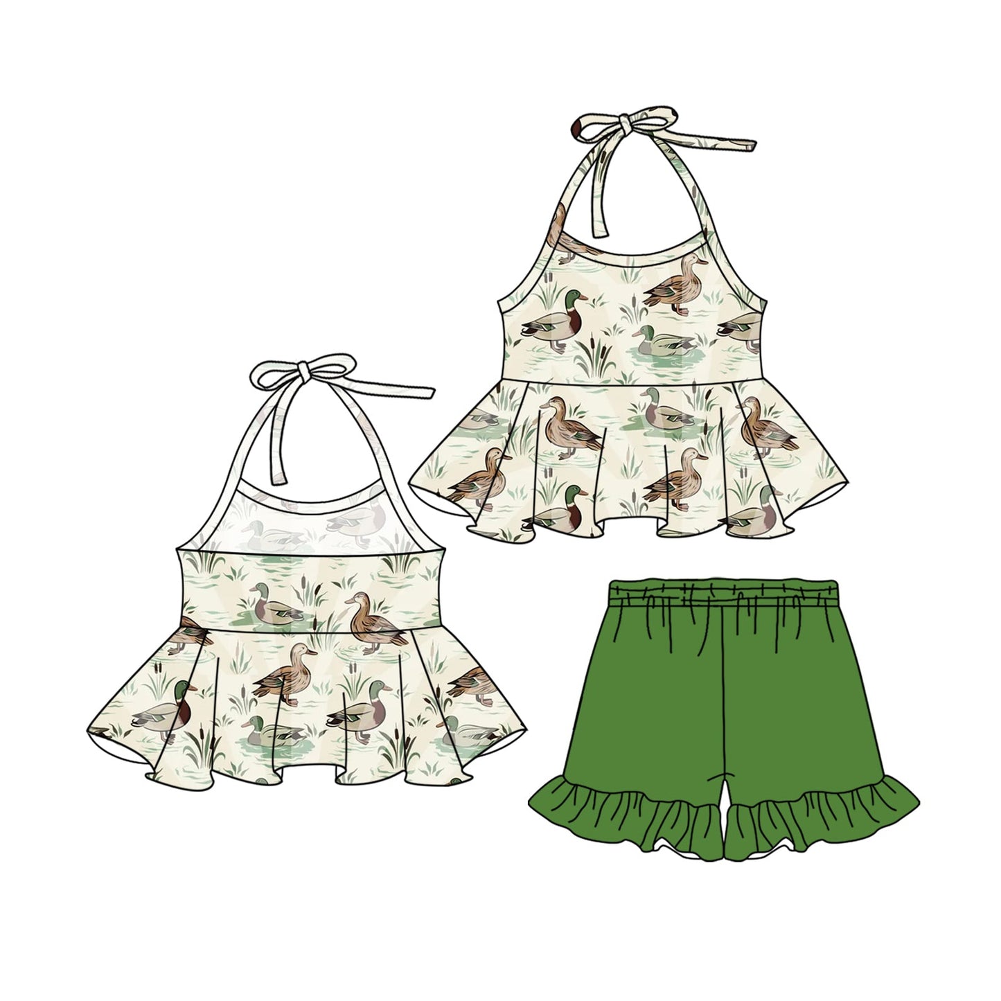 Preorder Baby Girl Ducks Tunic Green Shorts Clothes Set ( Moq 5 )