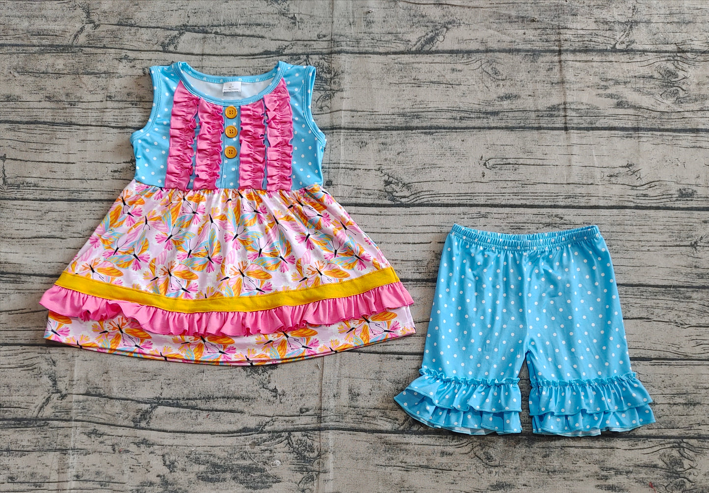 Baby Girl Sleeveless Butterfly Tunic Green Dots Shorts Clothes Set RTS