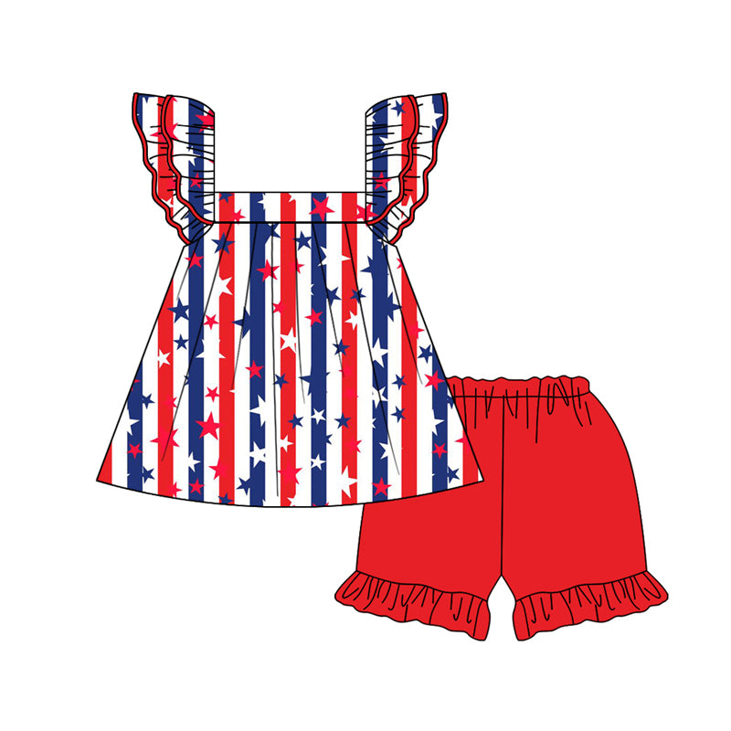 Preorder Baby Girl July 4th Stars Stripes Tunic Red Shorts Clothes Set ( Moq 5 )