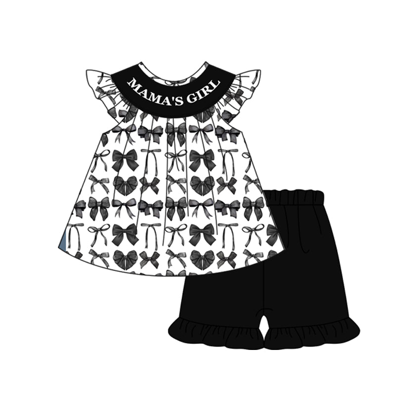 Preorder Baby Kids Mama's Girl Bows Tunic Black Ruffle Shorts Clothes Set ( Moq 5 )