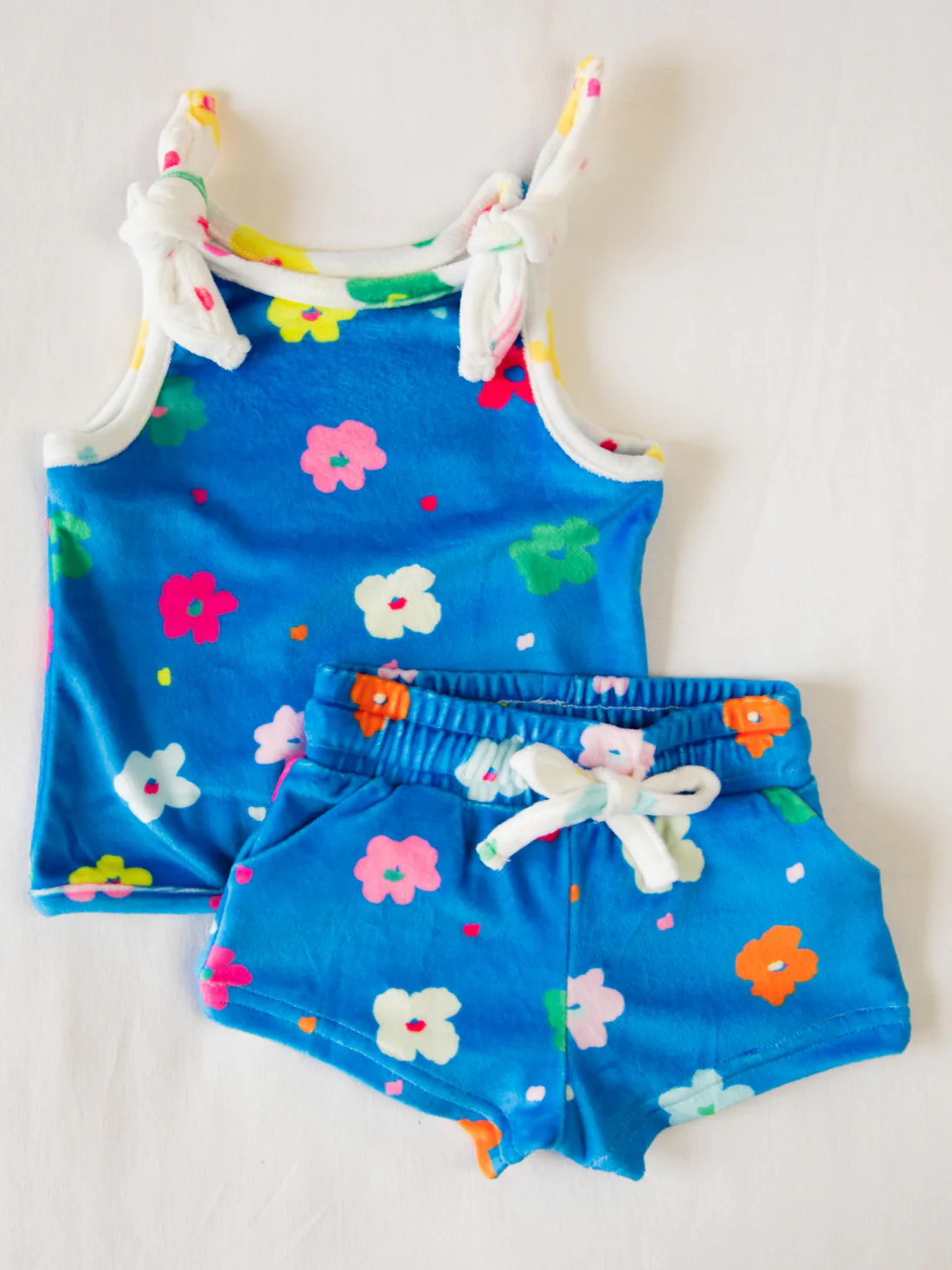 Preorder Baby Girl Straps Blue Flower Bows Shirt Shorts Pockets Clothes Set ( Moq 5 )