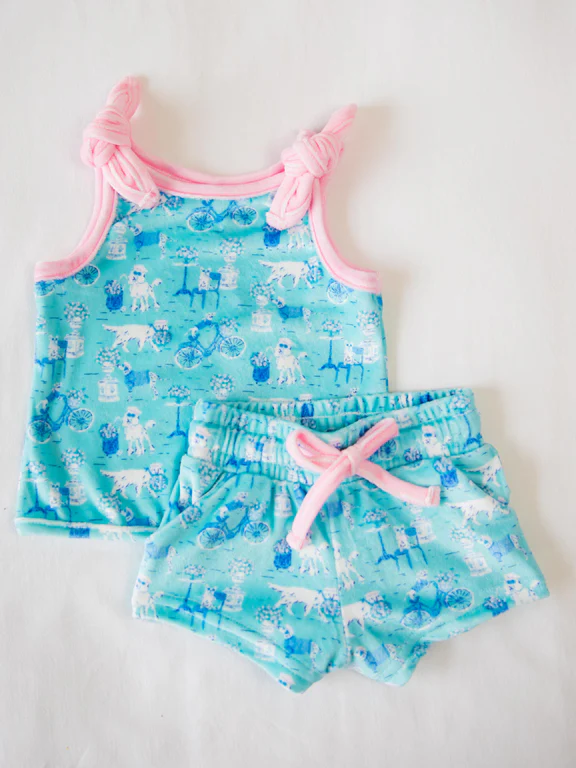 Preorder Baby Girl Straps Dogs Bows Shirt Shorts Pockets Clothes Set ( Moq 5 )
