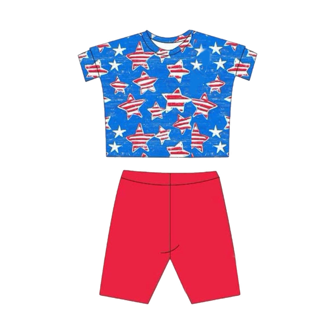 Preorder Baby Girl Short Sleeves July 4th Stars Shirt Red Shorts Clothes Set ( Moq 5 )