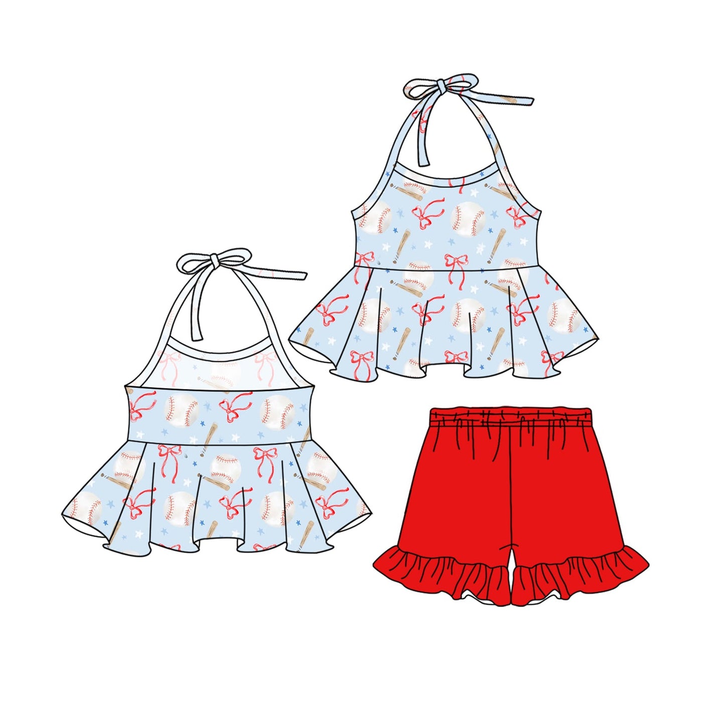 Preorder Baby Girl Halter Baseball Bows Tunic Red Ruffle Shorts Clothes Set ( Moq 5 )