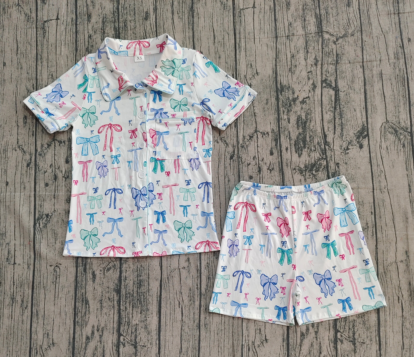 Adult Women Short Sleeves Colorful Bows Buttons Shirt Shorts Pajamas Set RTS