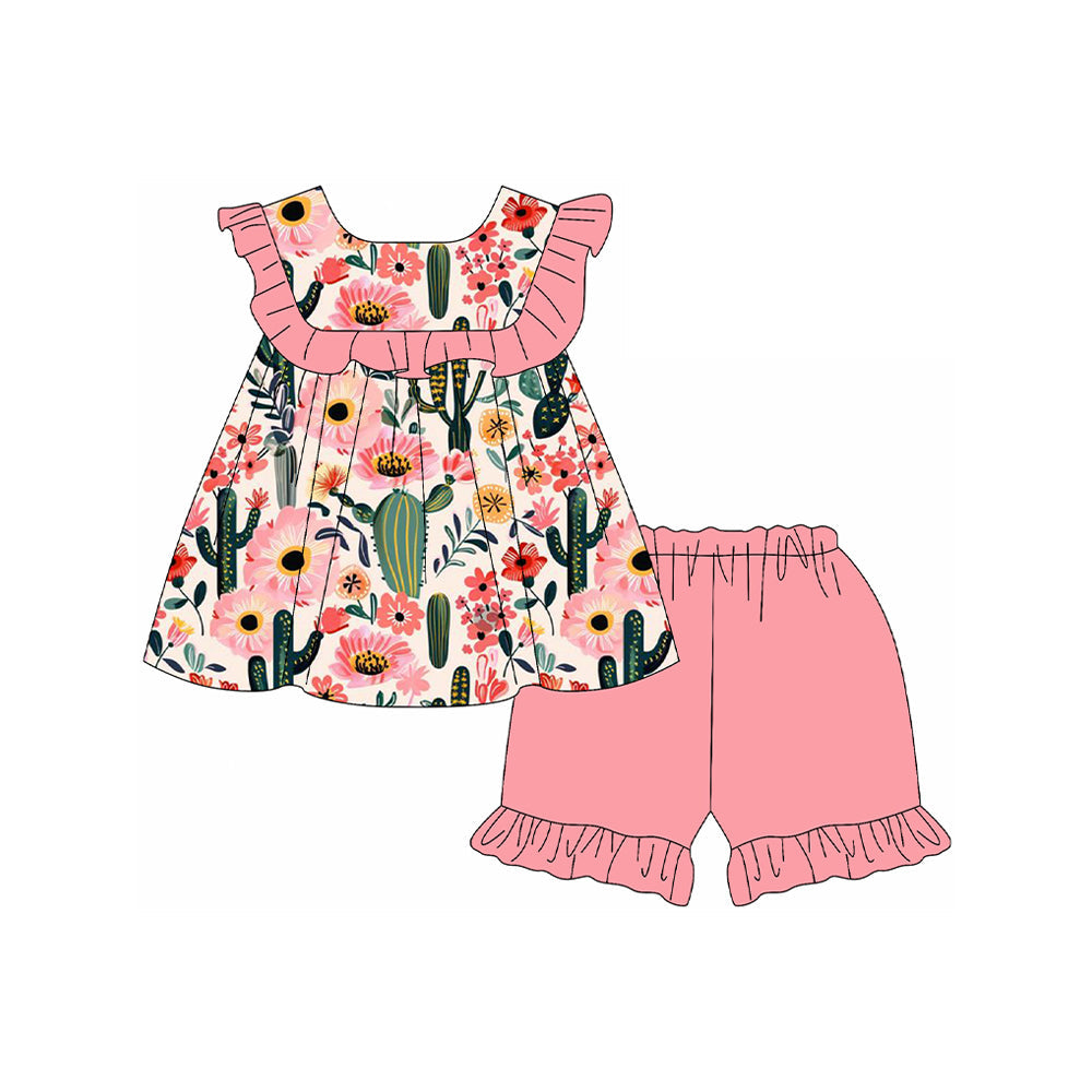 Preorder Baby Girl Western Cactus Flower Tunic Pink Ruffle Shorts Set ( Moq 5 )