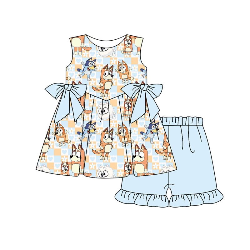 Baby Girl Sleeveless Cartoon Dogs Bows Tunic Blue Ruffle Shorts Set RTS