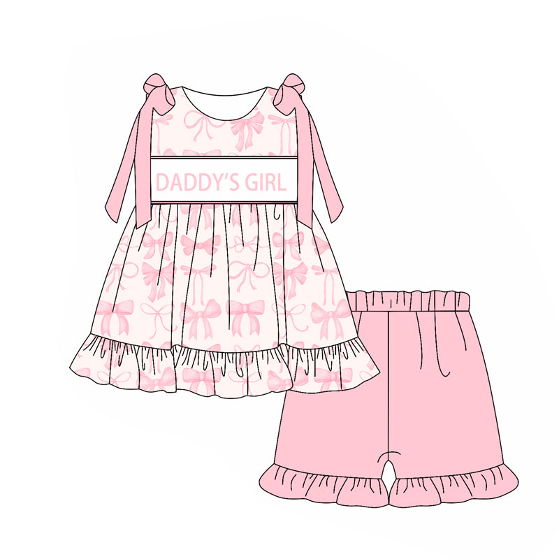 Preorder Baby Kids Sleeveless Pink Bows Tunic Ruffle Shorts Daddy's Girl Set ( Moq 5 )