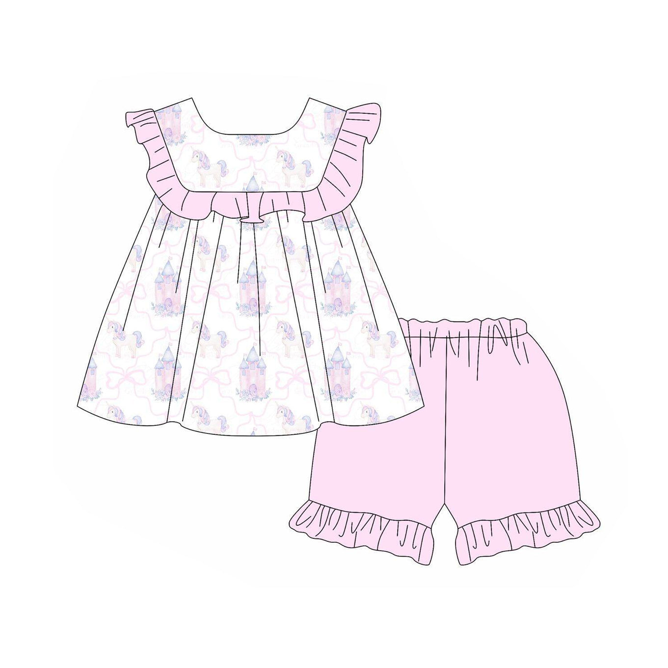 Preorder Baby Girl Short Sleeves Castle Bows Ruffle Tunic Pink Shorts Clothes Set ( Moq 5 )