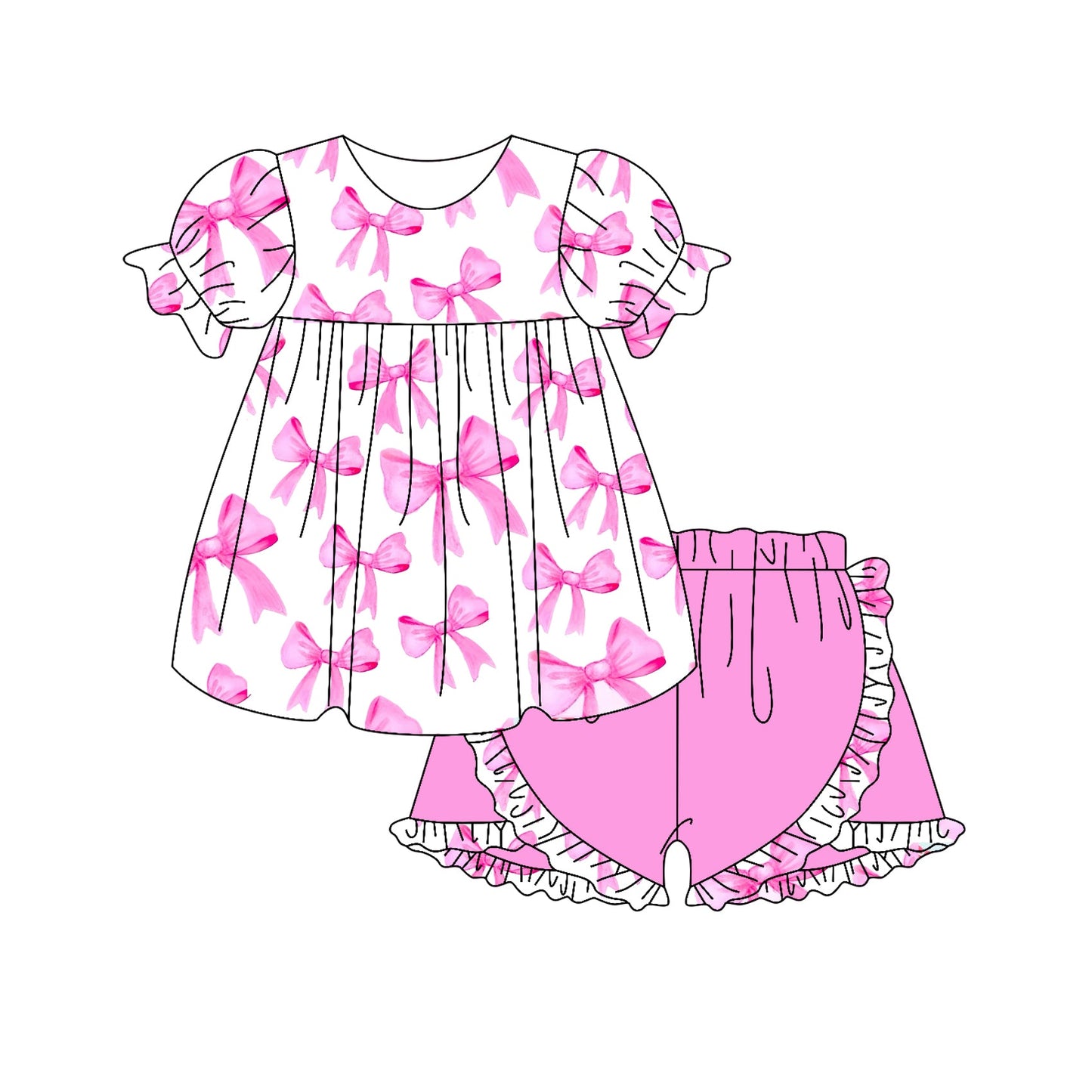 Preorder Baby Girl Short Sleeves Pink Bows Tunic Ruffle Shorts Clothes Set ( Moq 5 )