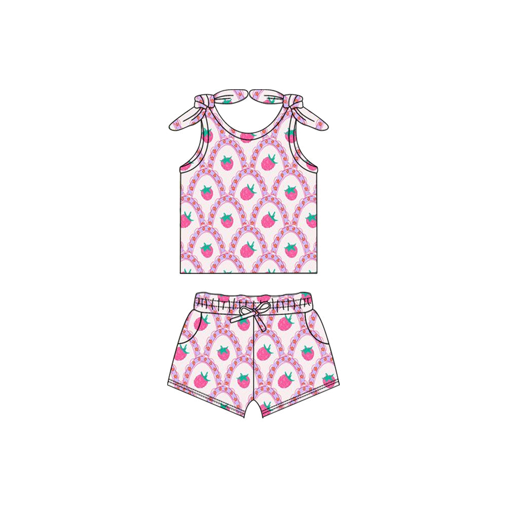 Preorder Baby Girl Straps Strawberry Bows Shirt Pockets Shorts Clothes Set ( Moq 5 )