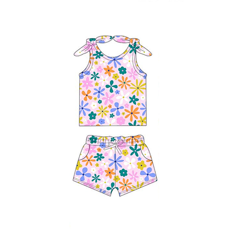 Preorder Baby Girl Sleeveless Colorful Flower Bows Shirt Pockets Shorts Set ( Moq 5 )