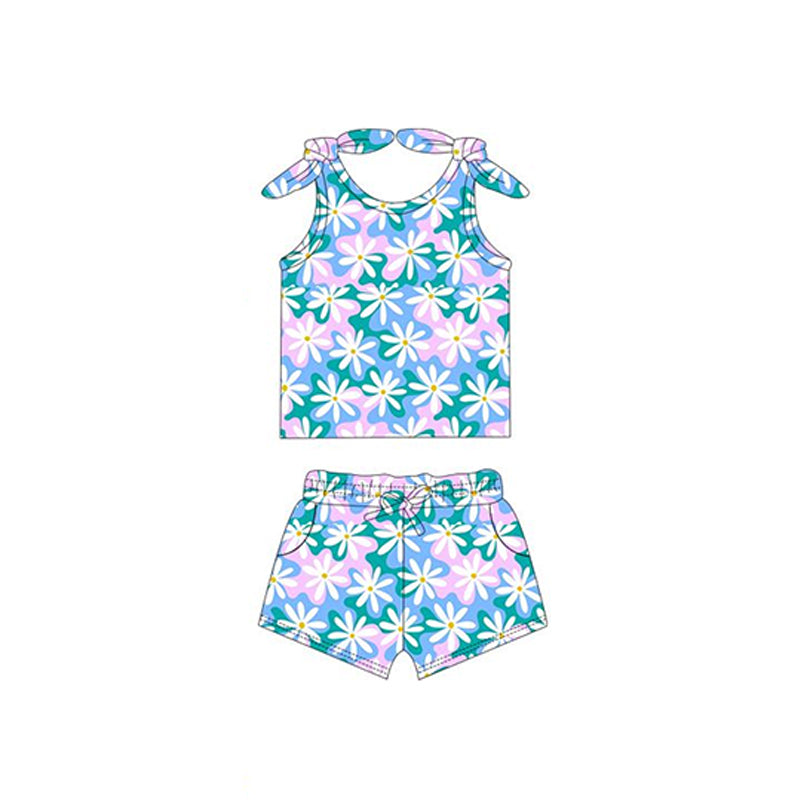 Baby Girl Sleeveless Flower Bows Shirt Pockets Shorts Blue Set RTS