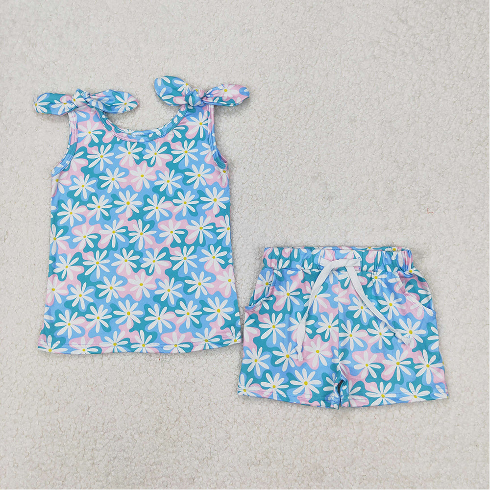 Baby Girl Straps Flower Stars Bows Shirt Pockets Shorts Sibling Set RTS