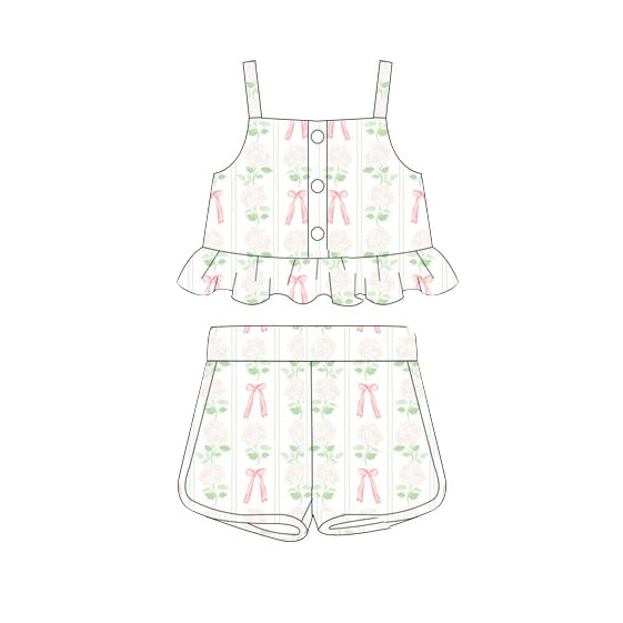 Preorder Baby Girl Straps Ruffle Tops Flower Bows Shorts Clothes Set ( Moq 5 )