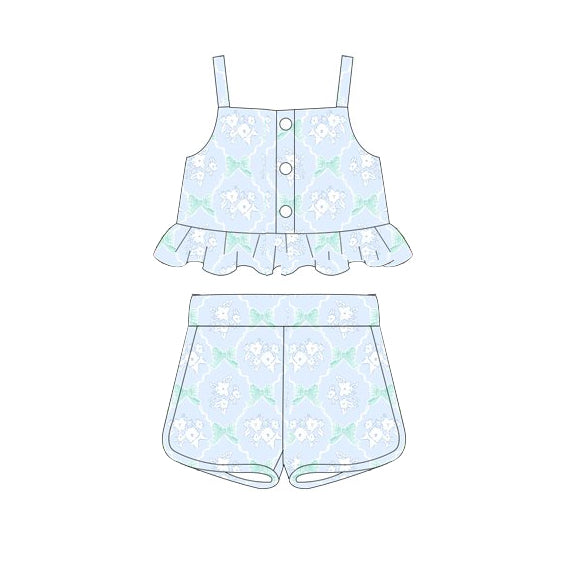Preorder Baby Girl Straps Flower Bows Ruffle Tops Shorts Blue Clothes Set ( Moq 5 )