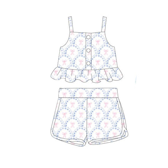 Preorder Baby Girl Straps Pink Bows Ruffle Tops Shorts Clothes Set ( Moq 5 )