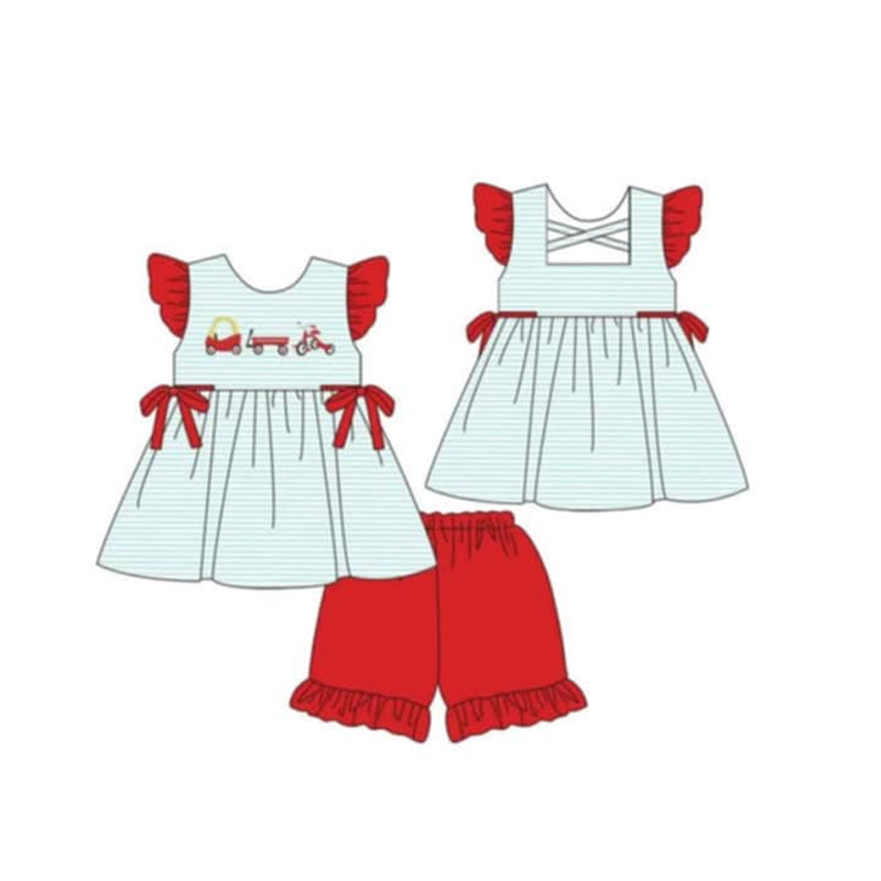 Preorder Baby Girl Car Toddler Bows Stripes Tunic Red Shorts Clothes Set ( Moq 5 )