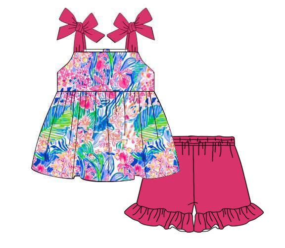 Preorder Baby Girl Straps Seaweed Tunic Pink Ruffle Shorts Clothes Set ( Moq 5 )