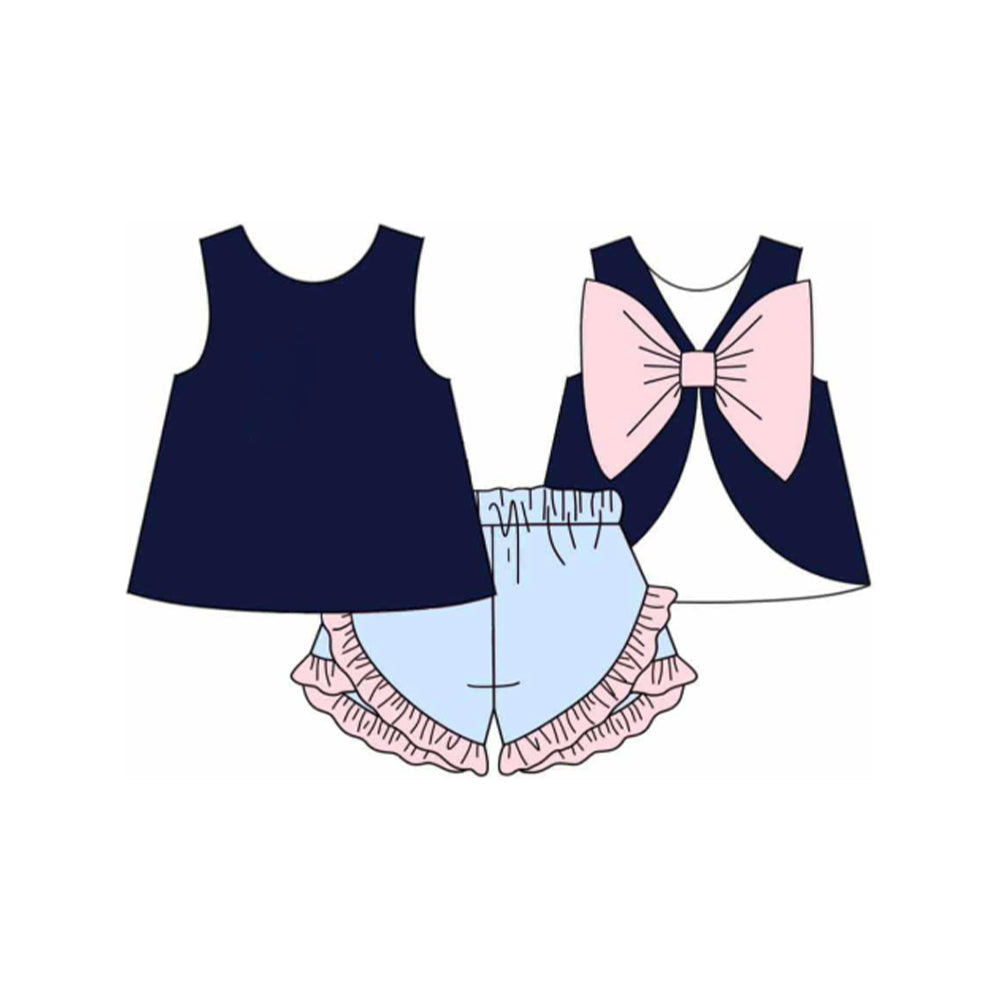 Baby Girl Sleeveless Big Bow Back Tunic Ruffle Shorts Clothes Set RTS