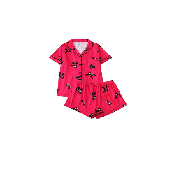 Preorder Baby Girl Short Sleeves Bows Buttons Shirt Shorts Pajamas Clothes Red Set ( Moq 5 )
