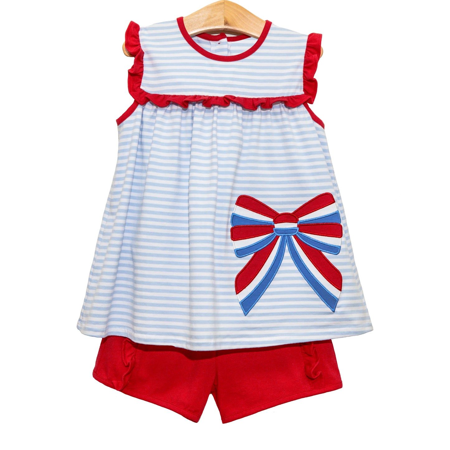 Preorder Baby Girl Sleeveless July 4th Bow Stripes Tunic Red Shorts Clothes Set ( Moq 5 )