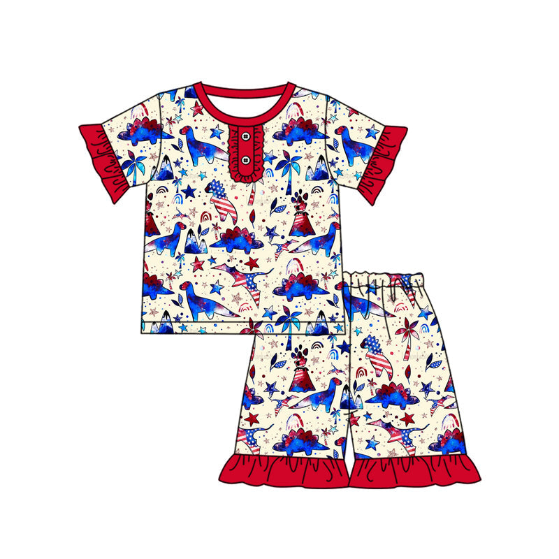 Preorder Baby Girl July 4th Dinosaurs Shirt Ruffle Shorts Pajamas Clothes Set ( Moq 5 )