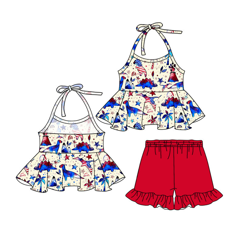 Preorder Baby Girl July 4th Dinosaurs Halter Tunic Red Shorts Clothes Set ( Moq 5 )