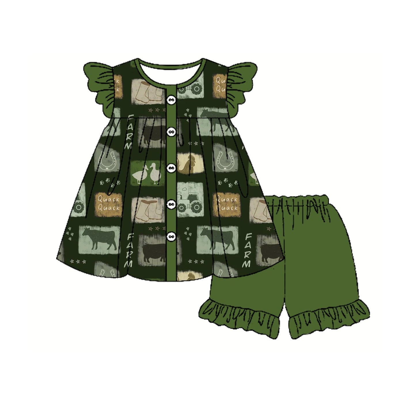 Preorder Baby Girl Short Sleeves Farm Animals Tunic Green Shorts Clothes Set ( Moq 5 )