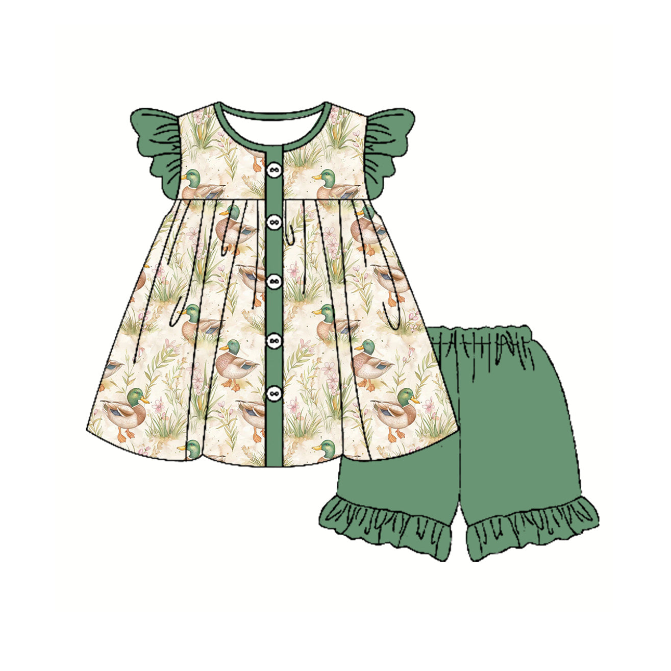 Preorder Baby Girl Ducks Flower Tunic Ruffle Green Shorts Clothes Set ( Moq 5 )