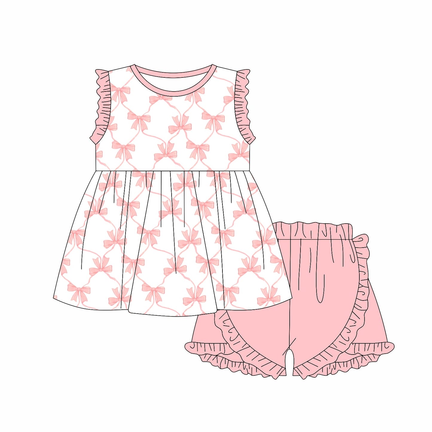 Preorder Baby Girl Sleeveless Pink Bows Tunic Ruffle Shorts Clothes Set ( Moq 5 )