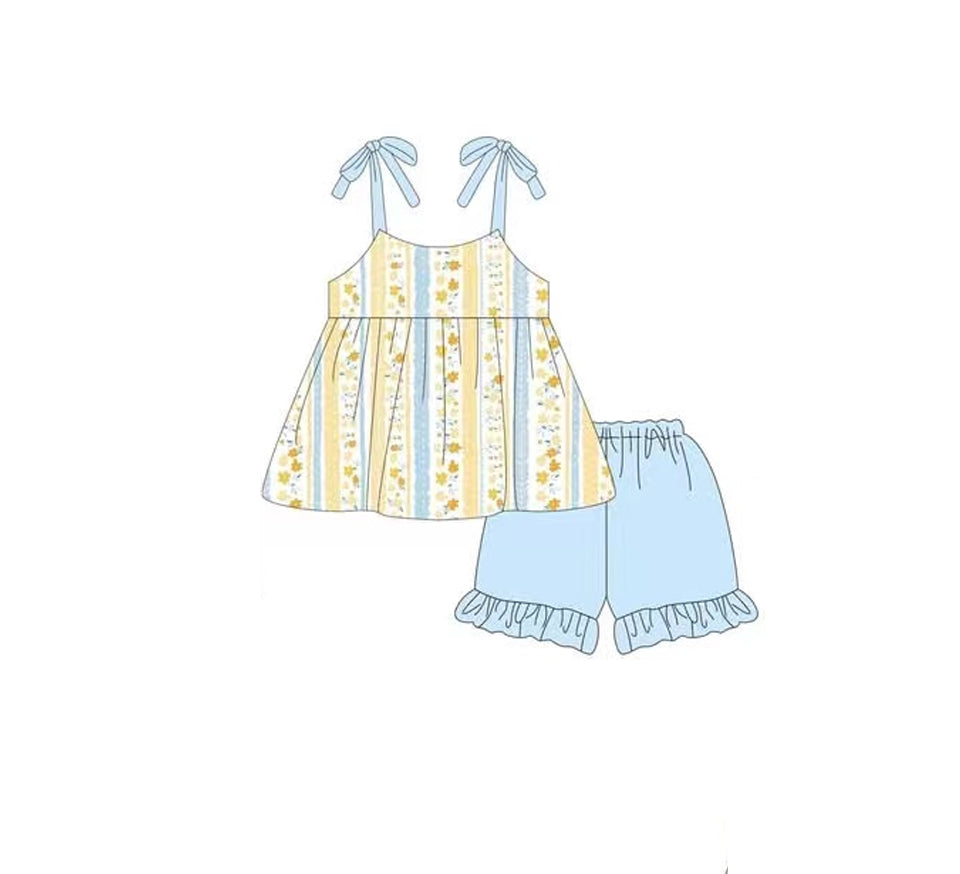 Baby Girl Strap Flower Tunic Tops Blue Ruffle Shorts Clothes Set RTS