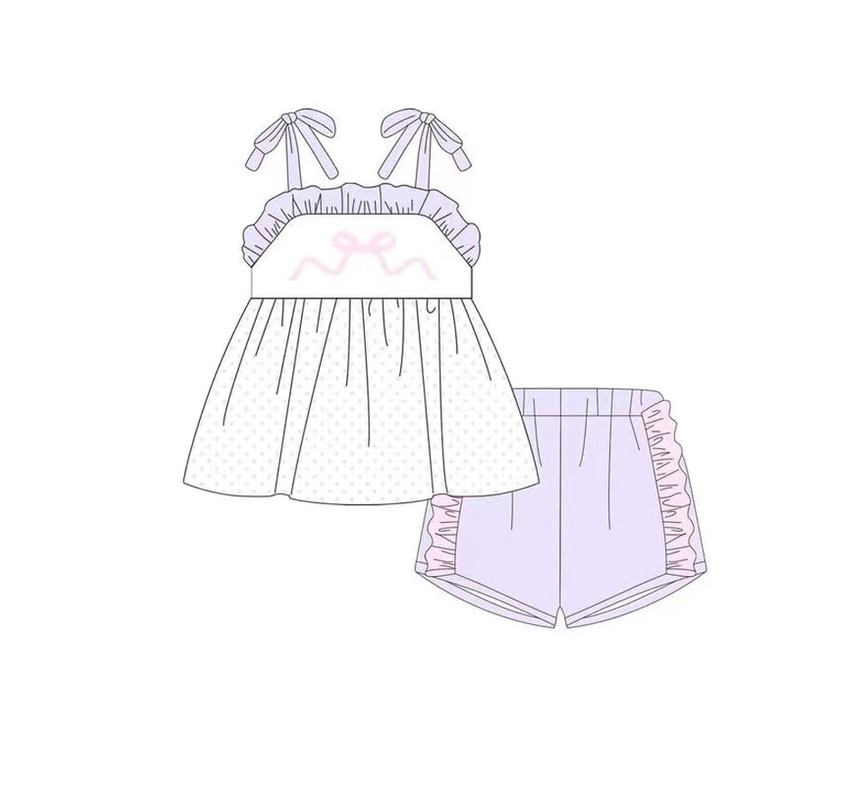 Preorder Baby Girl Straps Bow Dots Tunic Purple Ruffle Shorts Clothes Set ( Moq 5 )