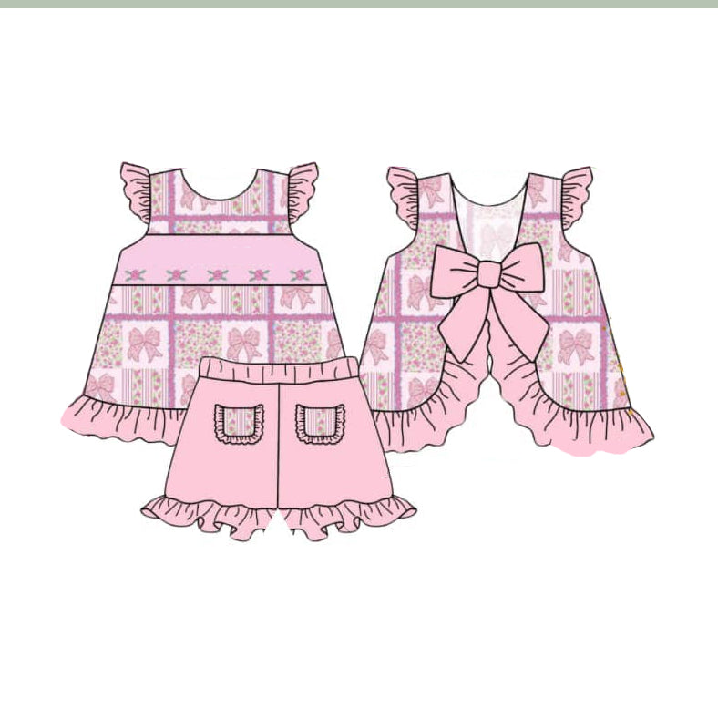 Preorder Baby Girl Pink Bows Flower Tops Ruffle Shorts Clothes Set ( Moq 5 )