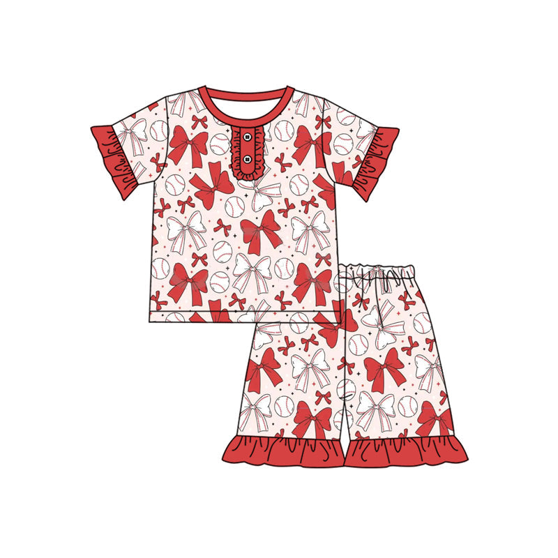 Preorder Baby Girl Bows Baseball Shirt Ruffle Shorts Pajamas Clothes Set ( Moq 5 )