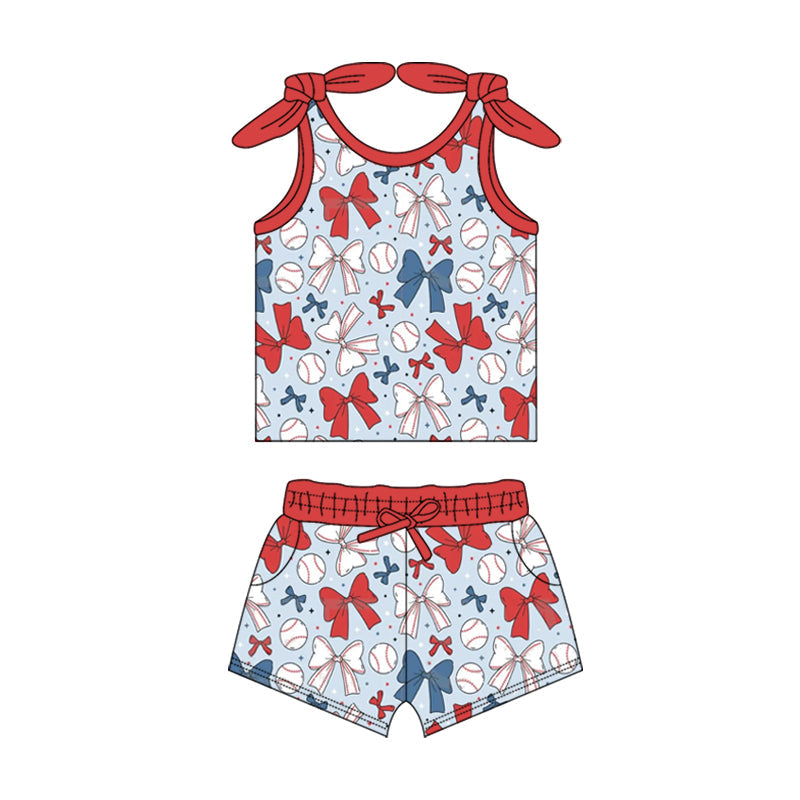 Preorder Baby Girl July 4th Baseball Bows Shirt Pockets Shorts Clothes Set ( Moq 5 )