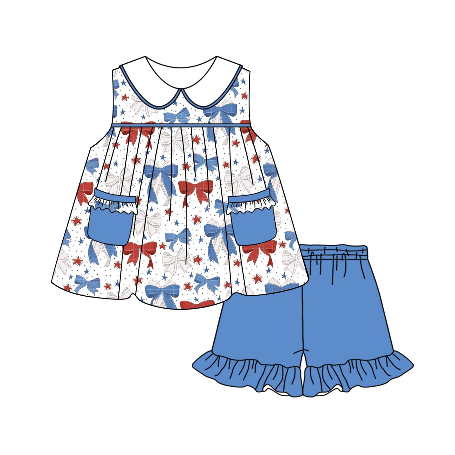 Preorder Baby Girl Sleeveless July 4th Blue Red Bows Tunic Shorts Clothes Set ( Moq 5 )