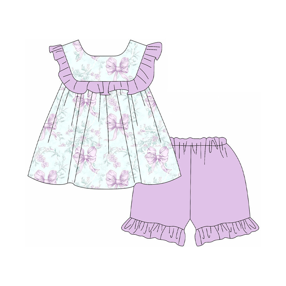 Baby Girl Flutter Sleeves Flower Tunic Purple Ruffle Shorts Clothes Set RTS
