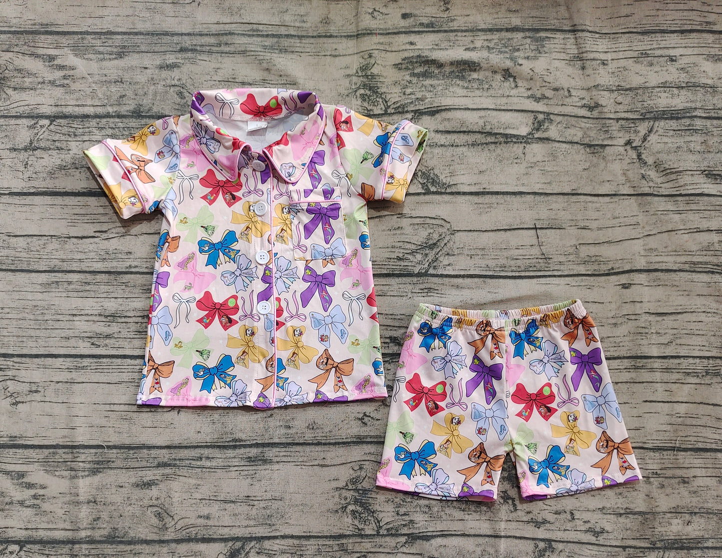 Baby Girl Short Sleeves Princess Bows Cartoon Shirt Shorts Pajamas RTS