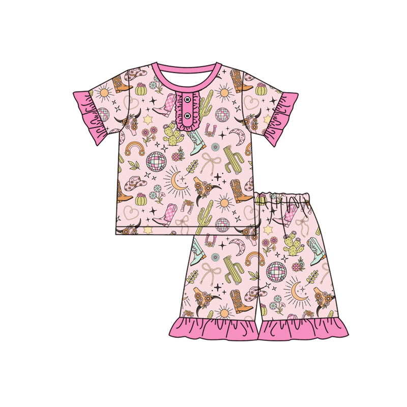 Preorder Baby Girl Short Sleeves Boots Cactus Western Shirt Short Pajamas Set ( Moq 5 )