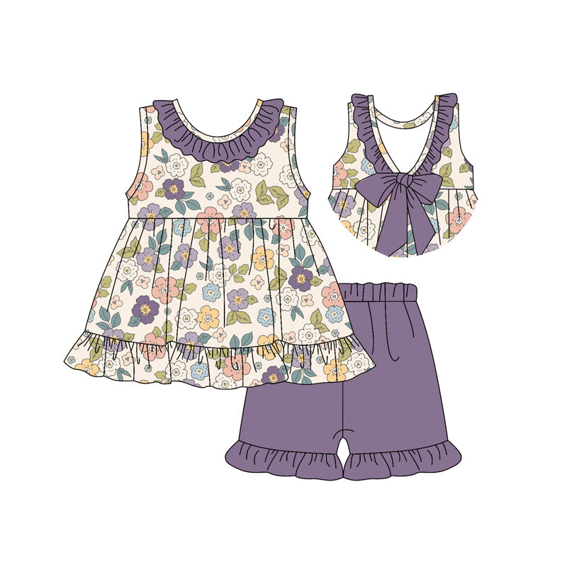 Preorder Baby Girl Sleeveless Floral Tunic Purple Ruffle Short Clothes Set ( Moq 5 )