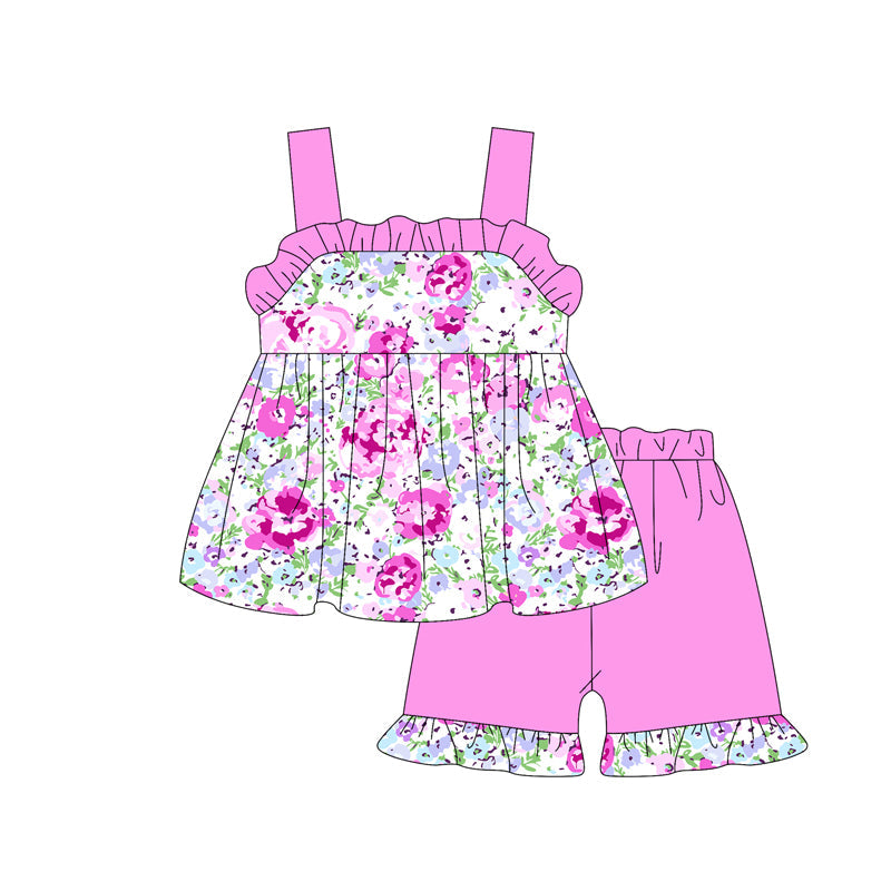 Preorder Baby Girl Strap Floral Tunic Pink Ruffle Short Clothes Set ( Moq 5 )