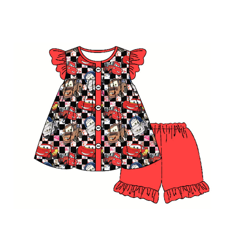 Preorder Baby Girl Flutter Sleeves Checked Button Cartoon Car Tunic Ruffle Short Set ( Moq 5 )