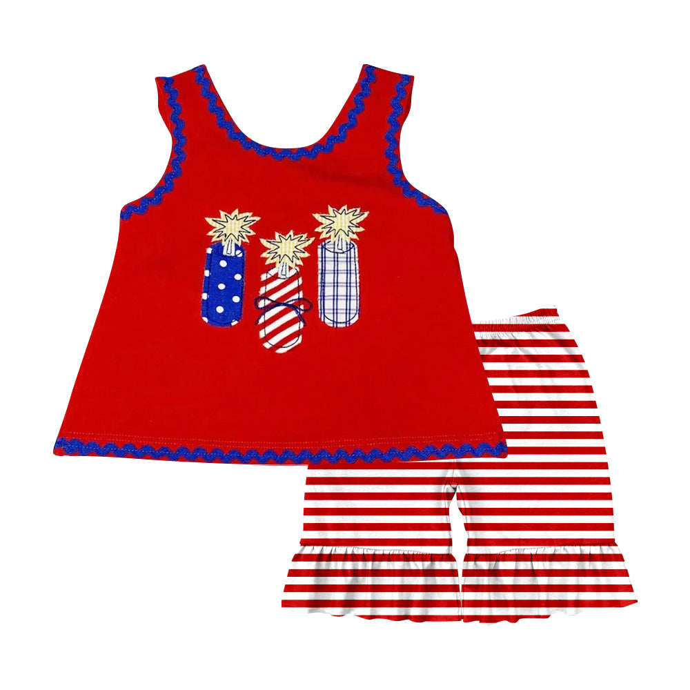 Preorder Baby Girl Sleeveless Fireworks Red Tunic Stripes Short 4th Of July Set ( Moq 5 )
