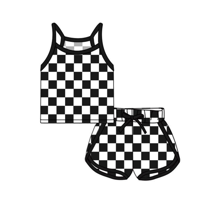 Baby Girl Strap Black Checked Vest Tops Short Sports Set RTS