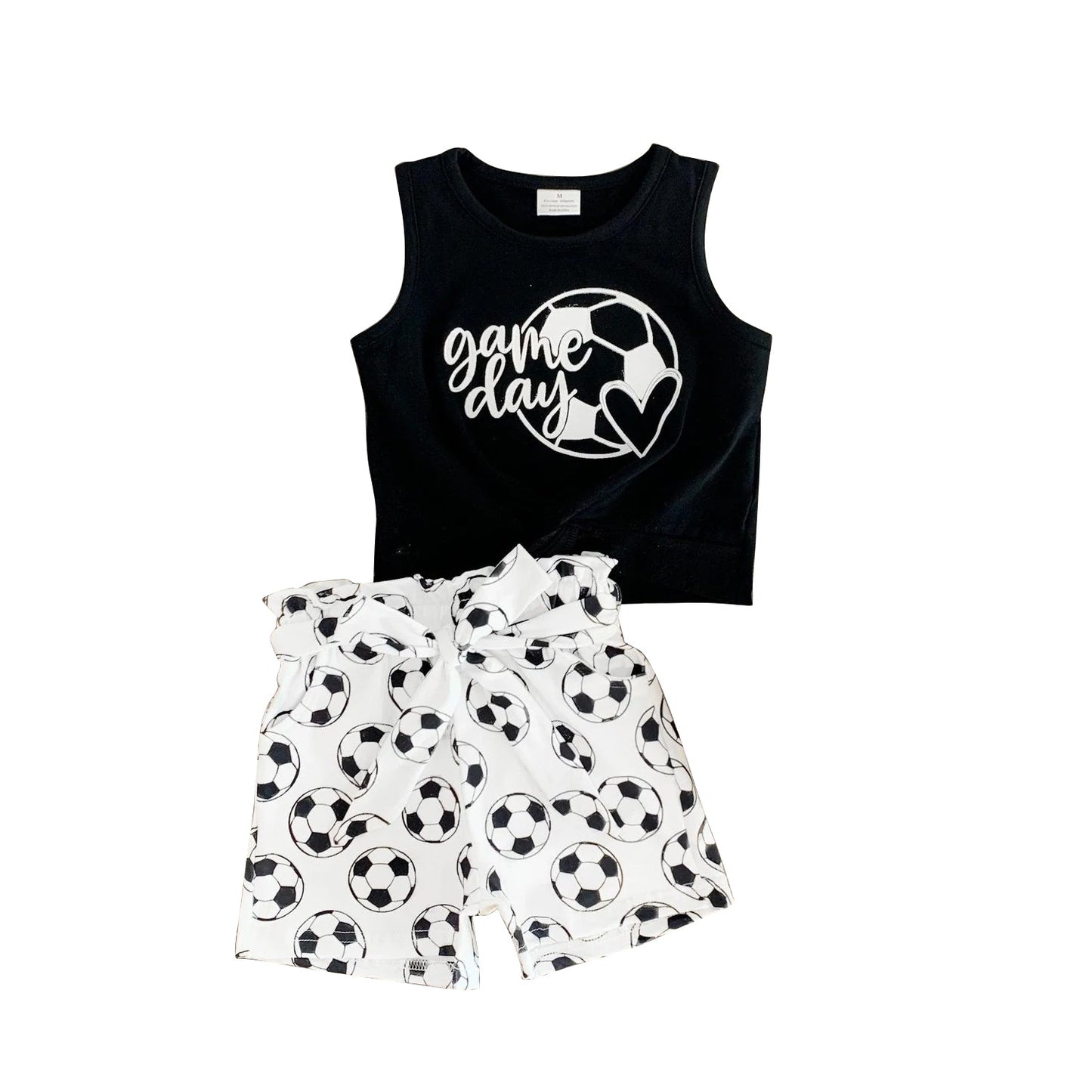 Preorder Baby Girl Sleeveless Football Black Shirt Pockets Short Set ( Moq 5 )